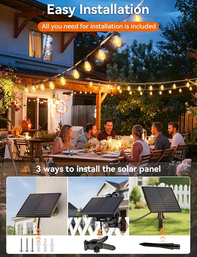 Brightever 36FT Solar String Lights Outdoor Waterproof with Remote, 12+1 Shatterproof ST38 LED Bulbs, Warm White & 3 Lighting Modes, Dimmable Outdoor Solar Lights for Patio, Camping, Party