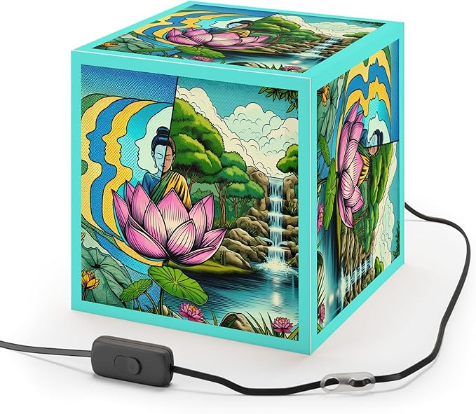 Decorative Custom Zen Garden Light Cube Lamp with Lotus Design, 11.7 x 11.5 x 11.5 inches, Turquoise