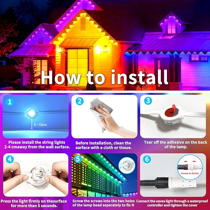 400ft Permanent Outdoor Lights,RGB Eaves Lights,DIY Scene Modes IP67 Waterproof Outside Under Eave Lighting,Smart Christmas Light for Outdoor Decor,Garden Decor,House,Party(Two 200ft Rolls)