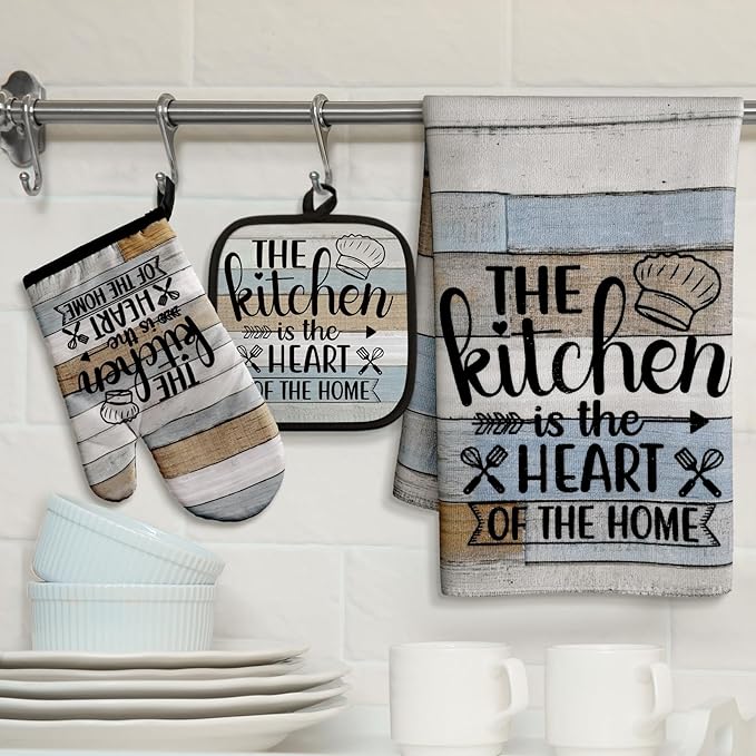 Sratte 6 Pcs Kitchen Decor Accessories Set Farmhouse Towels Pot Holders Oven Mitts Set 2 Dish Towels 2 Potholders 2 Cooking Mittens Oven Glove for Christmas Baking Cooking Supply(Brown Green,Kitchen)