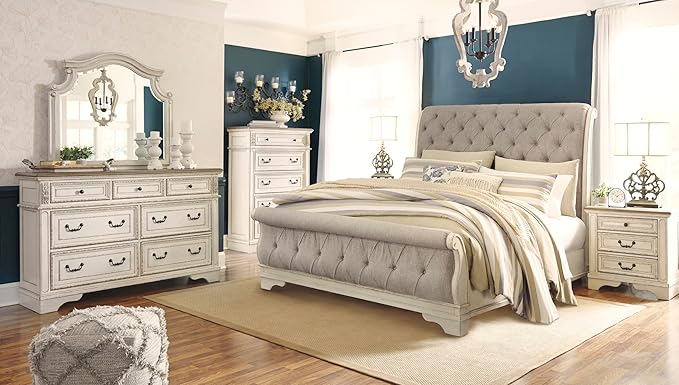 Signature Design by Ashley Realyn French Country 3 Drawer Nightstand with Electrical Outlets & USB Ports, 27.75" Tall, Chipped White