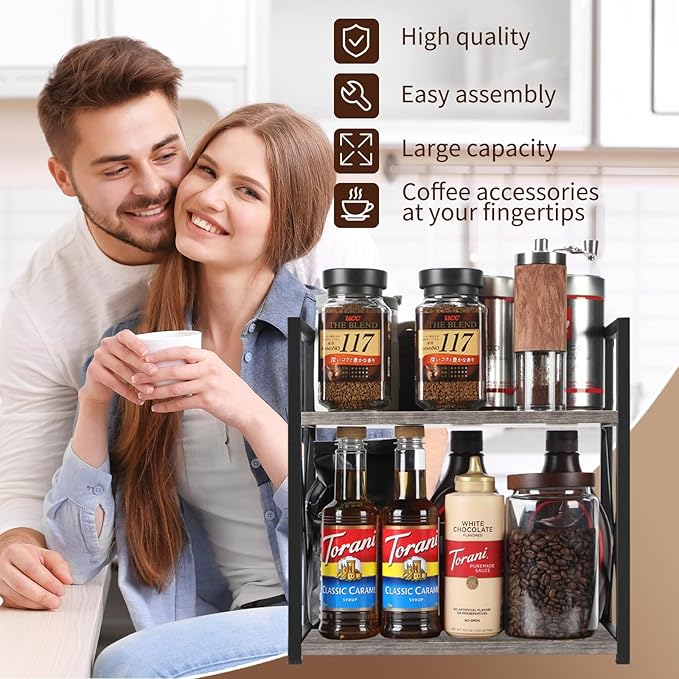 YINMIT Countertop Shelf Organizer,Coffee Bar Accessories,Spice Rack,Coffee Counter Shelf,2 Tier Coffee Organizer Station for Mugs,Cups,Cream,Syrup(Rustic Grey, Medium)