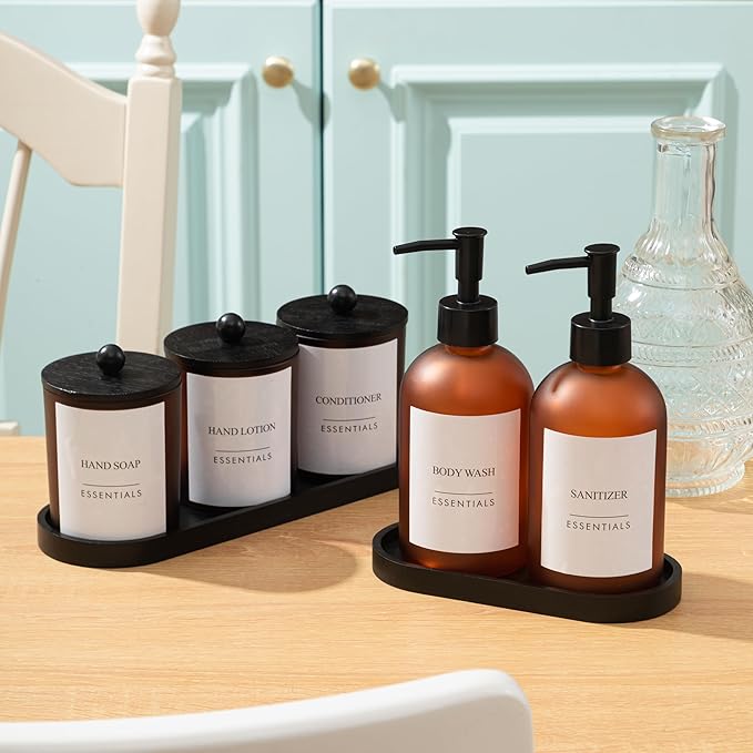 Yaomiao 5 Pack Amber Frosted Glass Bathroom Accessories Set Complete, Kitchen Modern Liquid Soap Dispenser Set with Pump and Wood Tray, Toothbrush Holder Cotton Swab Jars with Lids for Sink Countertop