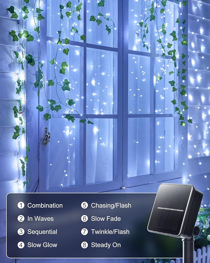 Minetom Solar String Lights, 2 Packs Total 66Ft 200 LED Solar Fairy Lights, Waterproof Solar Lights for Outside Patio Yard Tree Wedding Christmas, Pure White