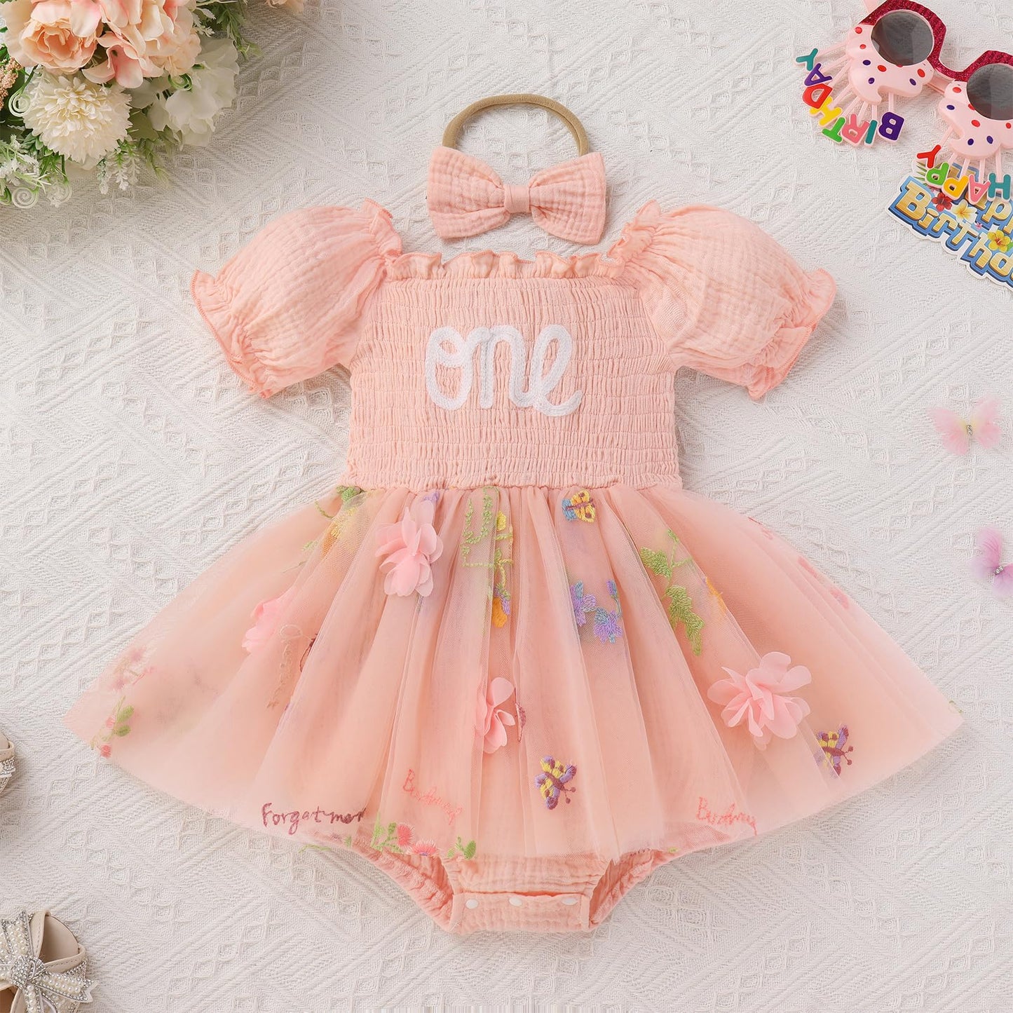 IMEKIS First Birthday Outfit Girl: Onederful Fairy 1st Smash Cake Baby Easter Smocked Dress Boho Bubble Romper Toddler Spring Photoshoot Tulle Tutu Tea Party Pink Floral One 12-18 Months