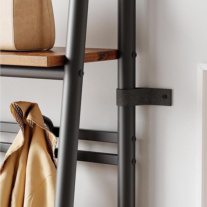 4-In-1 Hall Tree Entryway Organizer with 5 Hooks and Shoe Storage Bench, Sturdy Metal Frame, Wood Look Accent for Coat, Hat, and Bag Organization in Entryway, Living Room, or Bedroom