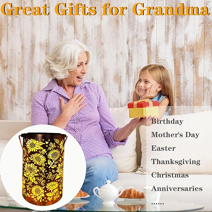 Gardening Birthday Gifts for Mom Women Grandma,Solar Lanterns Outdoor Waterproof,Garden Decor Outside Sunflower Bee and Butterfly, Hanging Yard Art Lights Solar Powered,Patio Decorations,Porch,1PC