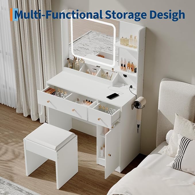 Vanity Desk with Mirror and Lights,Power Outlet,Makeup Vanity Table Set with Storage Drawers Shelves Cabinet& Chair,3 Lighting Modes & Adjustable Brightness,Dressing Table for Bedroom