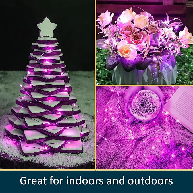 LAMPHOME 100 LED Pink Valentine Lights, Valentine's Day Fairy Lights Battery Operated, Silver Wire Twinkle String Light Multi Functions & Timer with Remote for Indoor Bedroom Wedding Decorations
