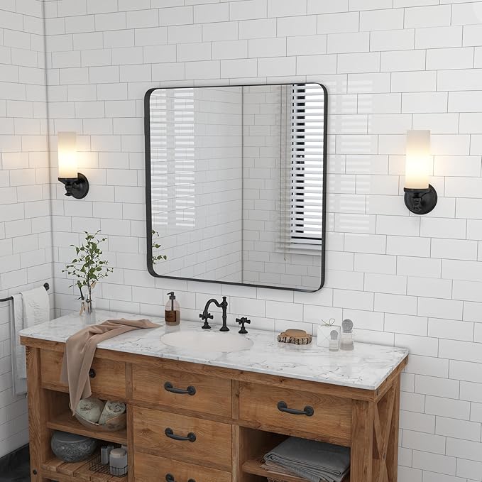 VocalStar Black Bathroom Mirror for Wall, 36 x 36 Inch Rounded Rectangle Metal Framed Bathroom Wall Vanity Mirror Farmhouse, 1/4-inch Shatterproof Glass | Ultra-Flush Hanging
