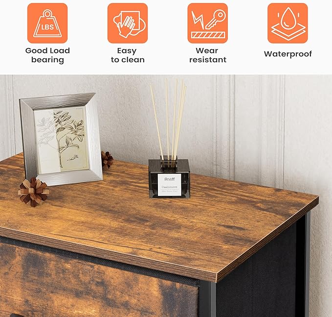 Crestlive Products Vertical Dresser Storage Tower - Sturdy Steel Frame, Wood Top, Easy Pull Fabric Bins - Organizer Unit for Bedroom, Hallway, Entryway, Closets - 5 Drawers(Rustic Brown)