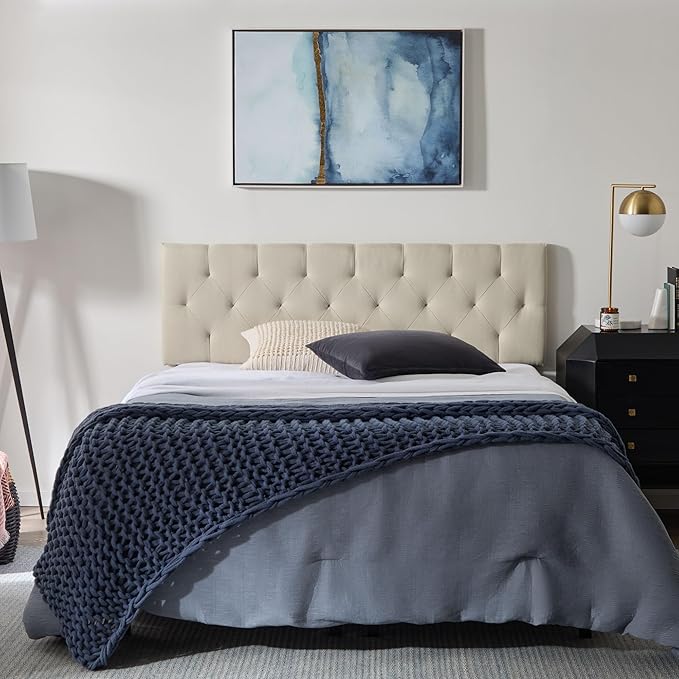 Lucid Mid-Rise Upholstered Headboard - Diamond Tufted - Padded Polyester - Adjustable Height from 34” to 46” - Easy Assembly - Bed Frame or Wall Mount - Sturdy - Pearl - King / Cal King Size