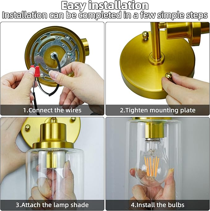 GORDNWE 1-Light Bathroom Wall Sconce, Brushed Gold Vanity Light, Modern Wall Light Fixture with Clear Glass Shade and E26 Bulb Base, Wall Lamp Wall Mount Light Fixtures for Mirror, Bedroom, Hallway