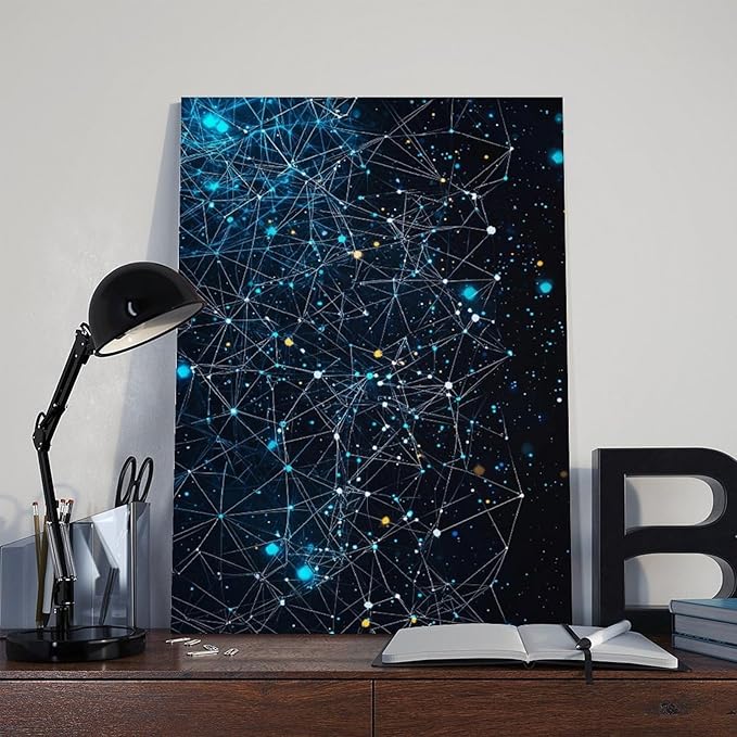 Modern Futuristic Abstract Tech Network Wall Art, Intricate Geometric Lines And Grids, Cool Blue And Neon Cyan Home Decor Canvas Poster Wall Art Bedroom Decor Office Room Kitchen Decor Gift 08x12inch
