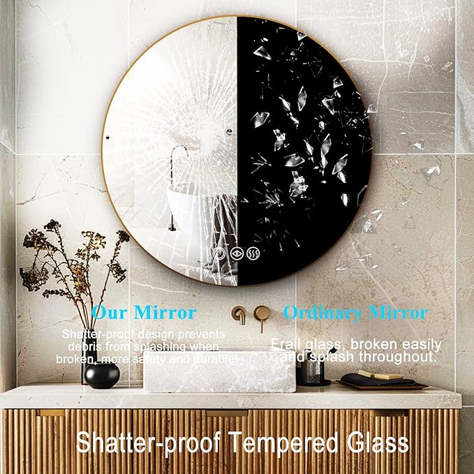 Round Bathroom Mirror with Lights, 32x32 Inch Vanity Mirror with Backlit, Anti-Fog, 3 Colors and Stepless Dimmable Wall Mounted Makeup Mirror with Metal Frame (Gold)