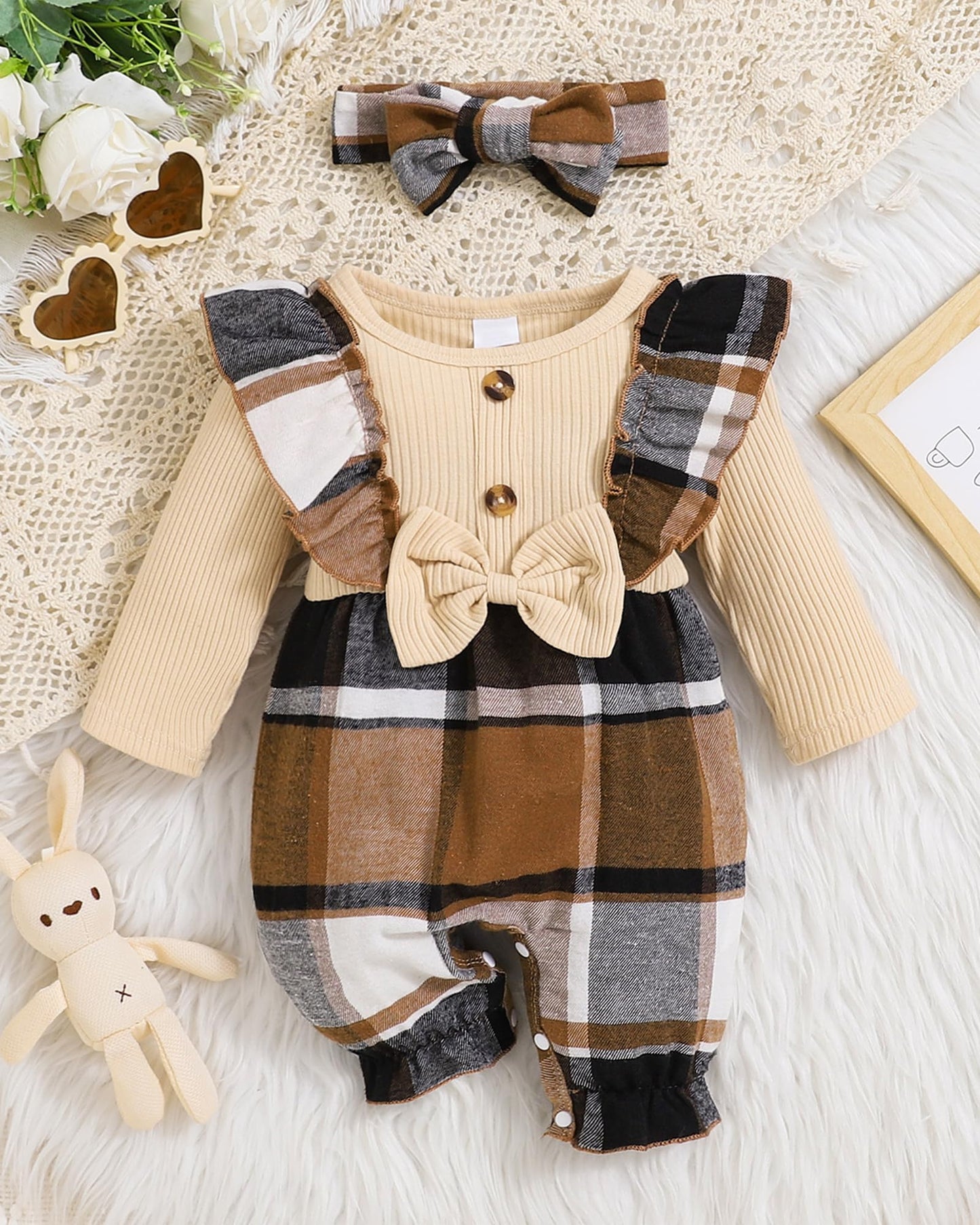 PaPaai Sara Baby Girl Clothes 6-9-12 Months Infant Girl Fall Outfits Newborn Romper Set 2PCS Ruffle Sleeve Floral Print Bodysuit+Headband Baby Gift for New Born Apricot
