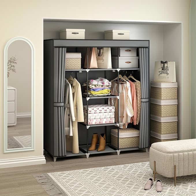 Portable Closet Wardrobe, 51-Inch Clothes Organizer with 2 Hanging Rods and 8 Shelves, Non-Woven Fabric Cover, Medium Capacity Storage for Bedroom and Living Room, Grey