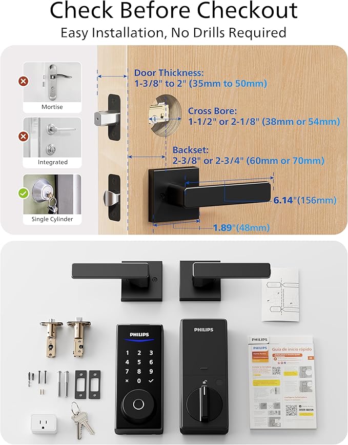 Philips WiFi Smart Lock with Handle, Fingerprint Keyless Entry Door Lock with WiFi Bridge, Smart Locks for Front Door with Handle Set, APP Remote Control, Voice Control, Auto-Lock, Matte Black