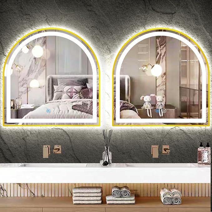 24 x 26 Inch Gold Arch LED Mirror for Bathroom Wall Makeup Desk Table Gold Arched Vanity Mirror with Lights AntiFog Smart Memory 3 Color Dimmable 26 Golden Frame Arched Lighted Vanity Mirrors