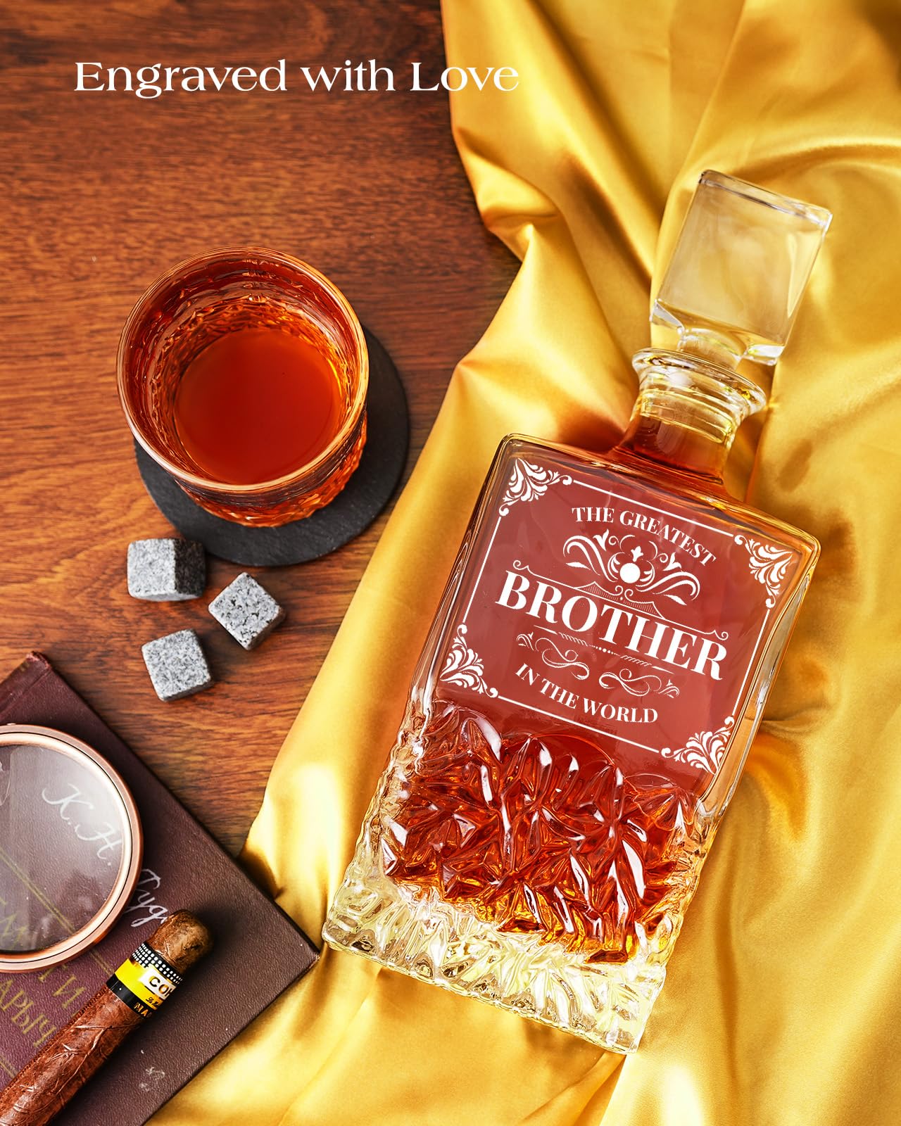 Kollea Christmas Gifts for Brother, 27 Oz Whiskey Decanter Set with 2 Glasses & Whiskey Stones, Best Brother Birthday Gifts from Sister Brother, Unique Cool Anniversary Presents Ideas for Men Him