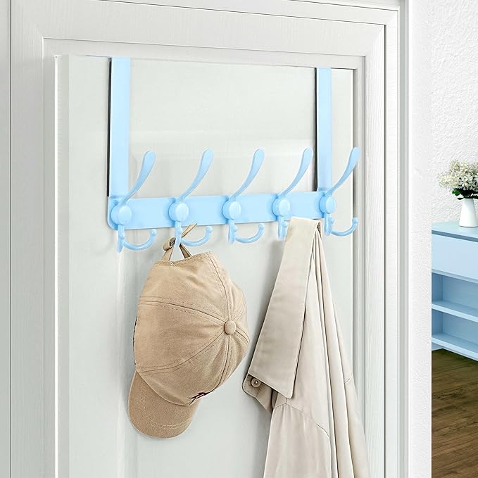 Dseap Over The Door Hook Hanger - Fits 1 3/8" to 1 3/4" Standard Doors | 5 Tri Hooks Heavy Duty Towel/Coat Rack | Door Organizer for Clothes, Jackets, Hats, Towels, Blue, Pack of 2
