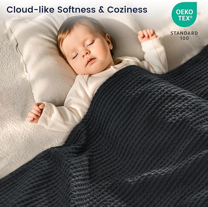 PHF 100% Cotton Waffle Weave Blanket Queen Size 90"x90" - Lightweight Washed Soft Breathable - Perfect Layer for Couch Bed Sofa - Elegant Home Decoration Gift - Black