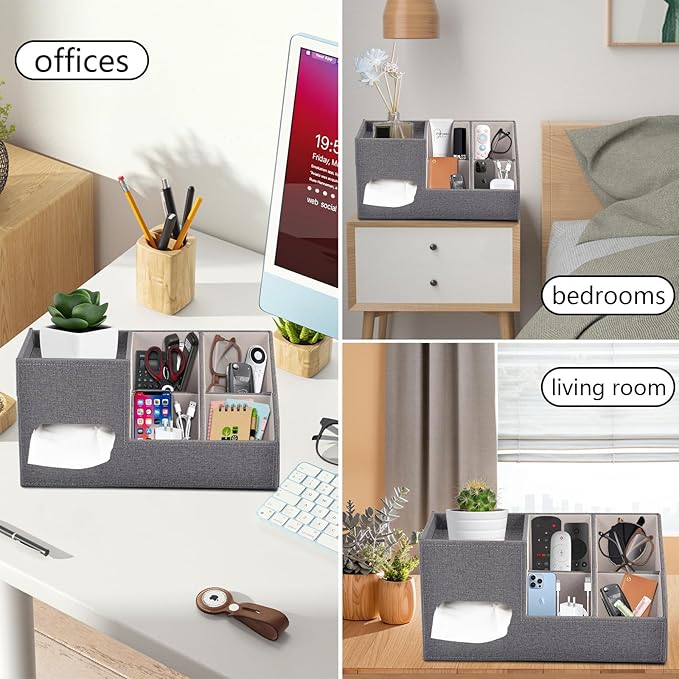 Plus Size Tissue Box Cover-Square Linen Tissue Cover with Side Storage and Tray,Modern Makeup Organizer,Leather Tissue Holder Decorative Cube Organizer for Living Room Vanity NightStand Office,Grey
