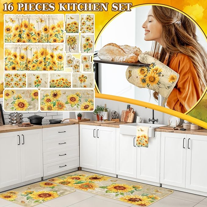 16 Pcs Farmhouse Sunflower Kitchen Decor Set 4 Kitchen Towels 2 Non Slip Rugs and Mats for Floor 4 Placemats 2 Curtains 2 Rustic Oven Mitts Gloves 2 Pot Holders for Home Decor Mom Cooking Gift