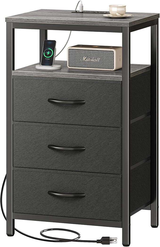 Huuger Nightstand with Charging Station, 27.6 Inch End Table Bedside Table with USB Ports and Outlets, Fabric Drawers, Night Stand for Bedroom, Charcoal Gray