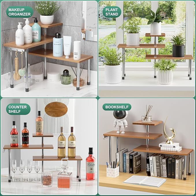 ZHWS Bathroom Counter Organizer Corner Countertop Shelf Adjustable 3 Tier Corner Shelf Kitchen Counter Organizer with 4 Metal Hooks for Bathroom Counter, Makeups, Dresser Table, Over Sink