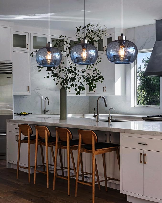 CASAMOTION Glass Pendant Lights Kitchen Island Modern Farmhouse Blue Ceiling Hanging Light Fixtures Globe Over Table Sink Foyer Entryway Brushed Nickel 8.7 Inch Diam