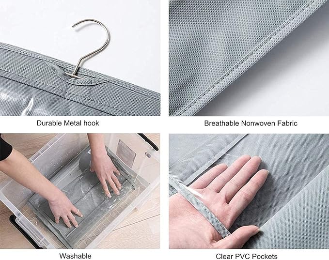 HAN SHENG 10 Pockets Clear Handbag & Purse Organizer Hanging Bag Storage - Space Saving Hanging Shelf for Closet, Wardrobe, Over Door (2 Pack, Grey)