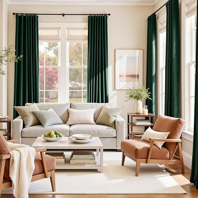 Lazzzy Velvet Blackout Curtains Thermal Insulated Room Window Drapes Super Soft Luxury Curtains for Living Room Bedroom Rod Pocket 2 Panels, Emerald Green, 42" W x 84" L