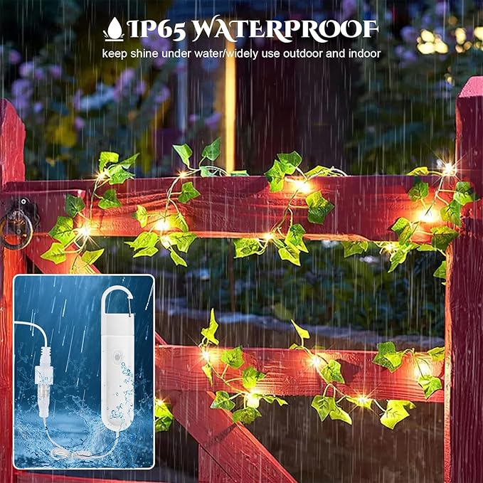 Vine with Fairy Lights Rechargeable, 6.56ft Ivy Leaf with 20 LED, 8 Mode and Timer USB Removable Battery Compartment Twinkle String Light for Indoor/Outdoor, Wedding Party Room Wall Decor, Warm White