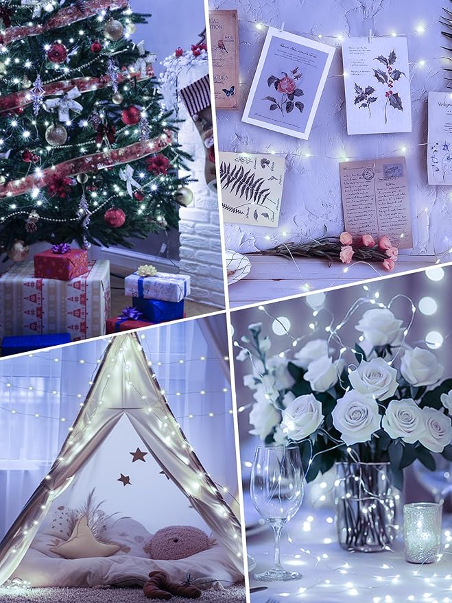 btfarm 4 Pack Fairy Lights Battery Operated with Timer, 16.4 FT 50 LED Silver Wire Twinkle String Lights 8 Modes Dimmable Waterproof for Indoor Christmas Bedroom Wedding Decorations, Cool White