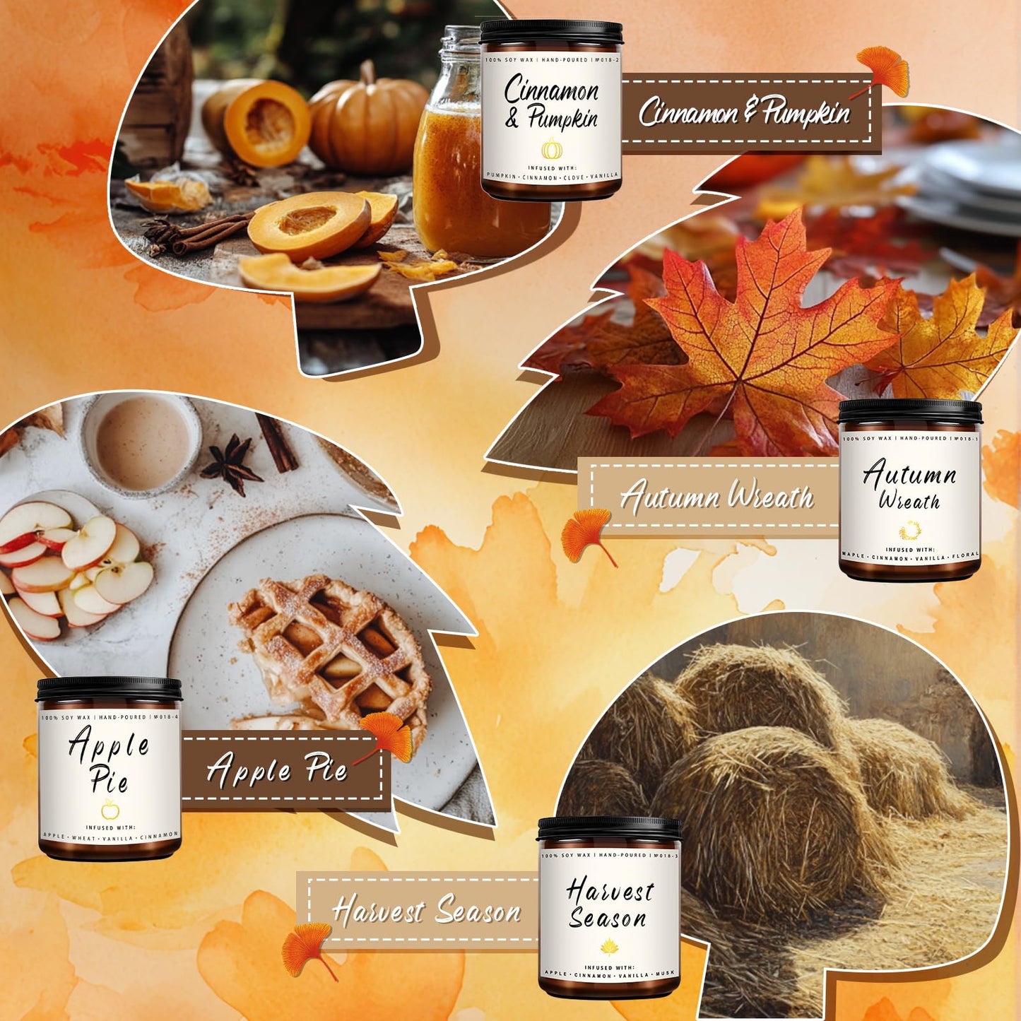 Fall Candles | 4 Pack Scented Candles, Soy Wax Candle Gifts for Women Men, Autumn Candle Home Scented, Fall Gift for Home Decor - Apple Pie/Cinnamon/Harvest/Wreath