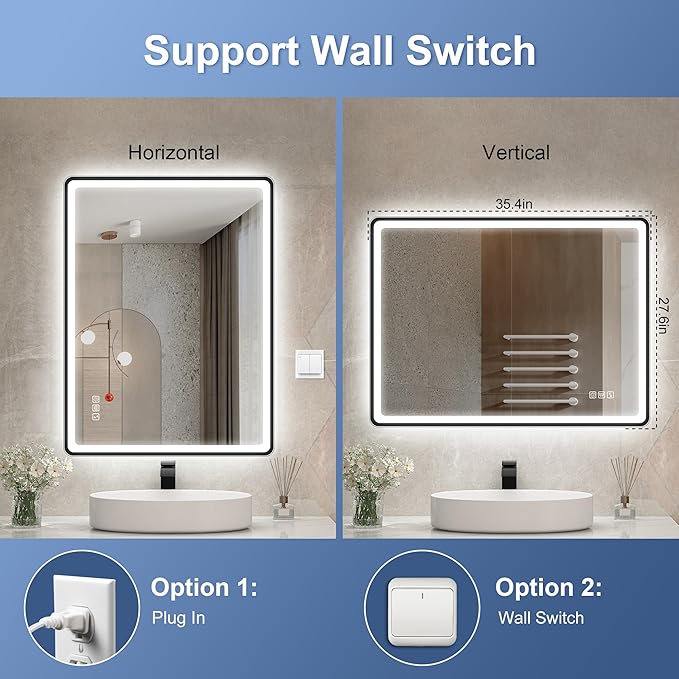 STARLEAD 28"x36" Black Frameless LED Bathroom Mirror with Bluetooth Speaker, 3 Color Temperature, Stepless Dimming, Anti-Fog, Touch Control, Wall-Mounted Vanity Mirror, Vertical or Horizontal