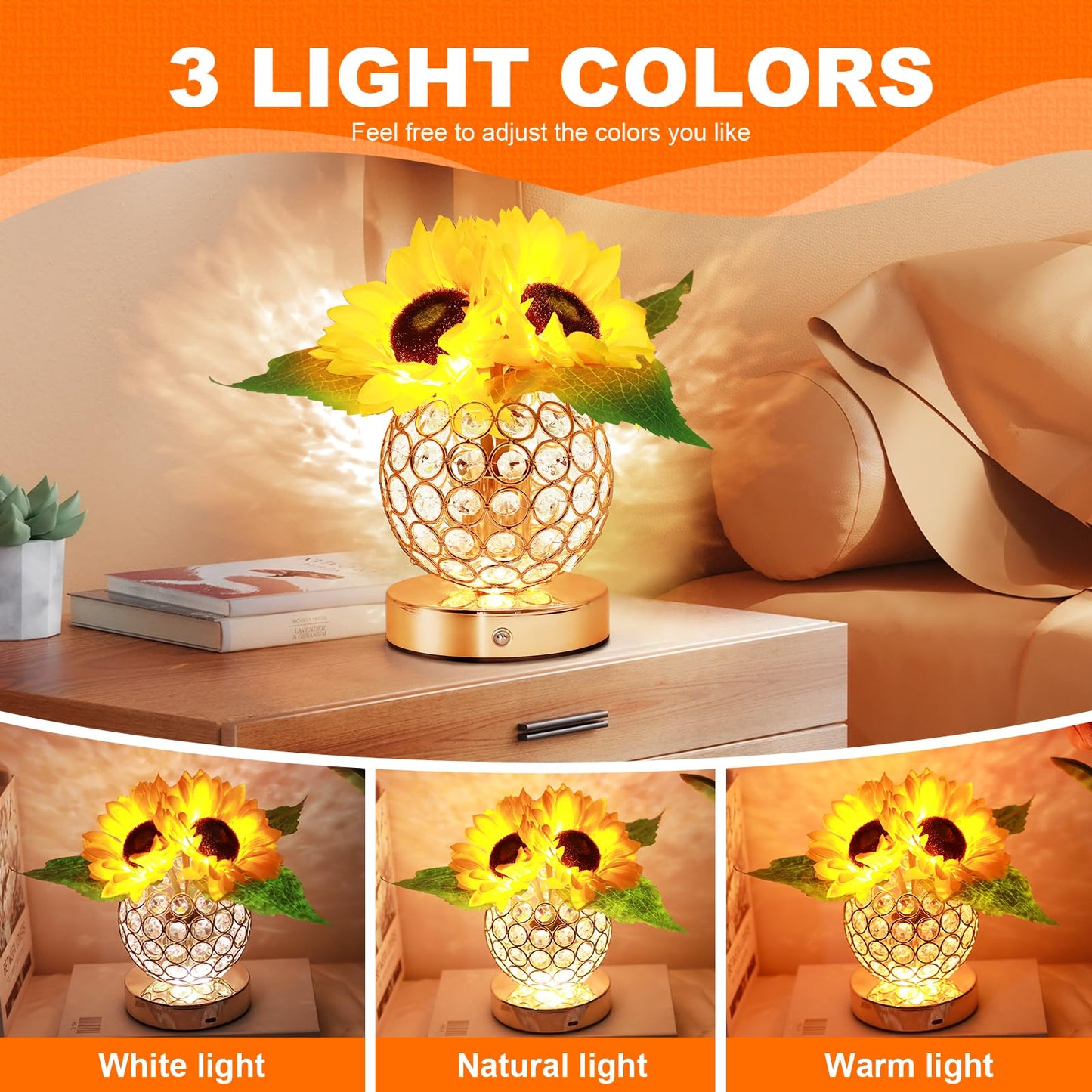 AMWGIMI Sunflower Gifts for Women,Sunflower Flower Home Decor Touch Table Lamp,3-Colour Dimming Rechargeable Cordless Small Night Light for Festival Housewarming Birthday Gift for Mom