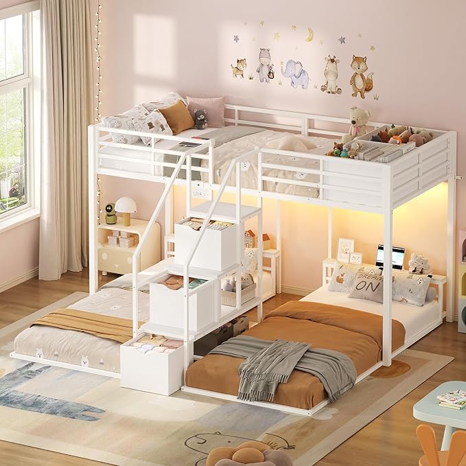 ADORNEVE Triple Bunk Bed Twin Over Twin with Storage Staircase, RGB Lights & Power Outlets, Heavy Duty Metal 3 Bunk Beds with Drawers & Headboard Shelf, Safety Guardrails, for Kids, White