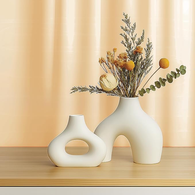 Nordic Ceramic Vase Set β 2 White Sculptural Vases for Fresh Flowers or Dried Stems β Minimalist Home DΓ©cor for Shelf, Table, Wedding or Gift β Holds Water