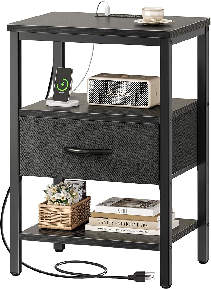 SUPERJARE Nightstand with Charging Station, Bed Side Table with Adjustable Fabric Drawer, Night Stand for Bedroom, 3-Tier Storage End Table, for Living Room, Black