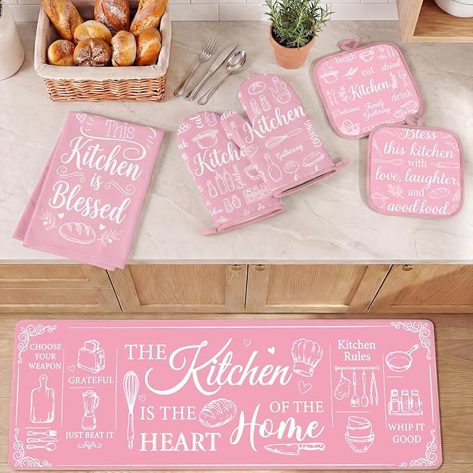Pink Kitchen Accessories Set 10 Piece - Cute Baking Theme Kitchen Towels, Rugs, Oven Mitts and Pot Holders - Happiness is Homemade Retro Decor Gift for Baker, Mom, Women