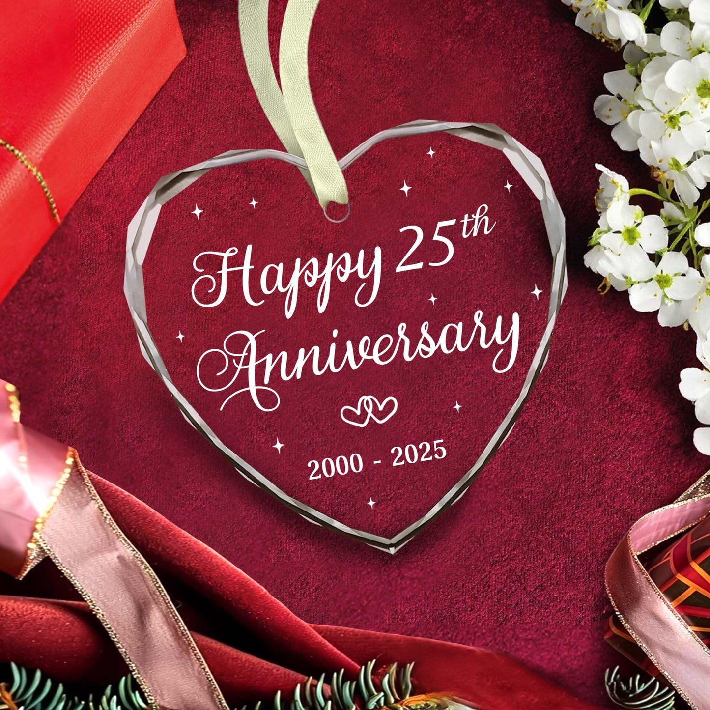 BSQUIELE Happy 25th Anniversary Ornament 2025-25th Wedding - 25th Anniversary Day Gift Idea for Couple - Christmas, Birthday Gift for Husband, Wife - 25 Year of Marriage Glass Ornament