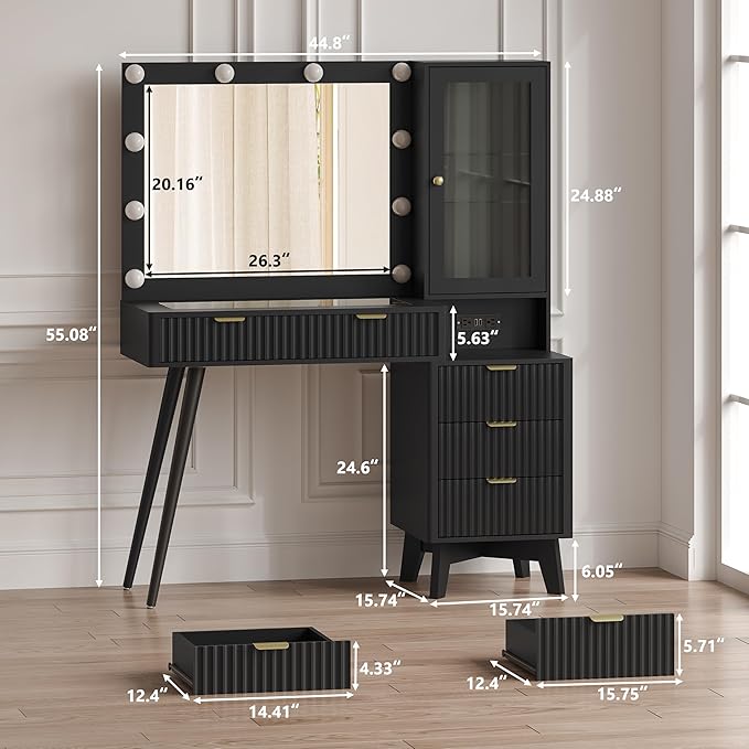 Makeup Vanity Desk with Mirror and Lights, 45" Fluted Wood Vanity Desk with Glass Top, 5 Drawers & RGB Glass Cabinet, Power Outlet, Mid Century Modern Dressing Table Set for Women Girls Bedroom