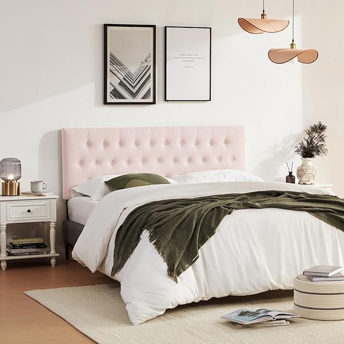 Tufted Upholstered Headboard King Size, Solid Wood Head Board with Durable Metal Legs, Adjustable Height Bed headboard from 37” to 51” Fabric Headboard in Modern Button Design, Pink