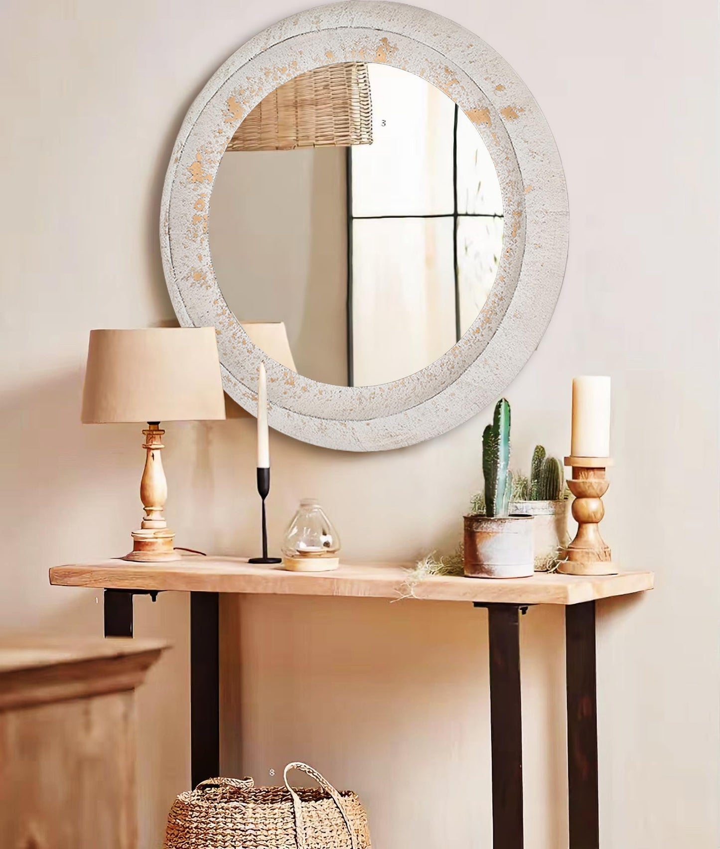 Round Substantial Beveled Hand Hammered Metal Frame In Rustic White, Modern And Traditional, Farmhouse, Cottage, for Bathroom Bedroom Living Room Home Office Entryway (Rustic White, 24"x24"")"