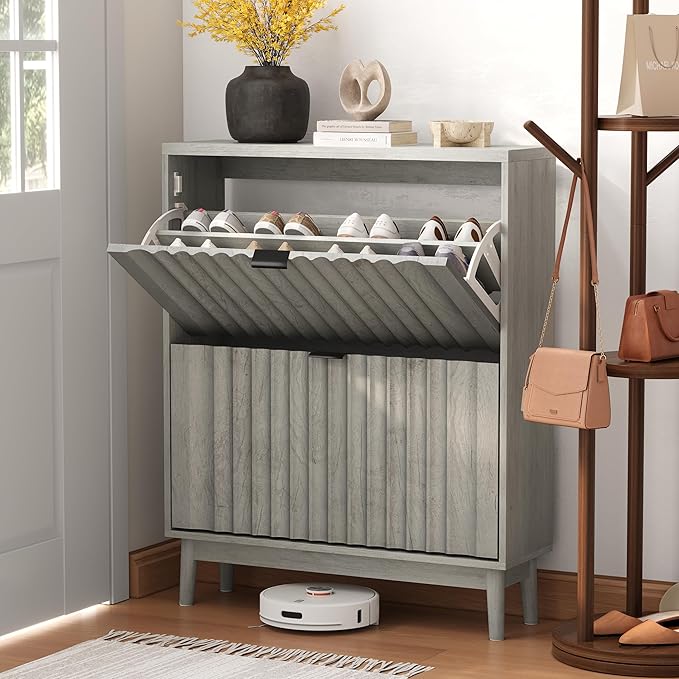 31.5''W Shoe Cabinet for Entryway with 2 Flip Drawers, Narrow Wood Shoe Storage Cabinet with Fluted Panel, Freestanding Hidden Shoe Organizer for Foyer, Hallway, Grey