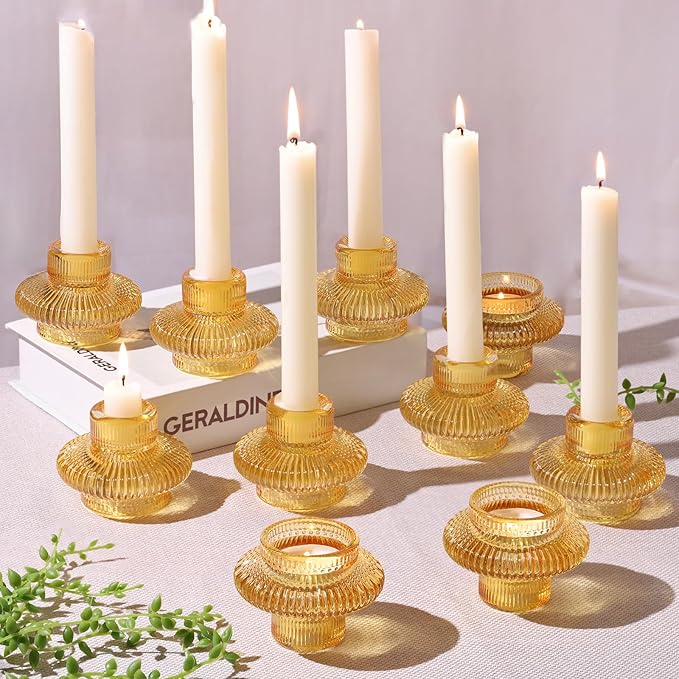 Candlestick Holders Taper Candle Holders, Gold Candle Stick Candle Holder for Wedding, Ribbed Tealight Candle Holders for Bridal Shower Party Table Decor, Modern Home Decor (8 Pcs, Gold)