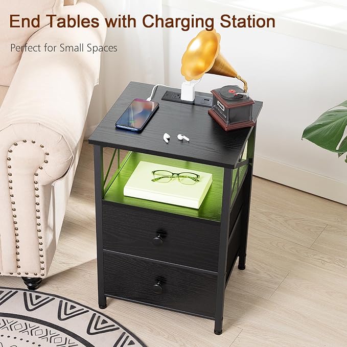 AMHANCIBLE Night Stand Set 2, LED Nightstand with Charging Station, End Tables Living Room with Fabric Drawers, Bedside Table for Bedroom, Black, HET052LBK