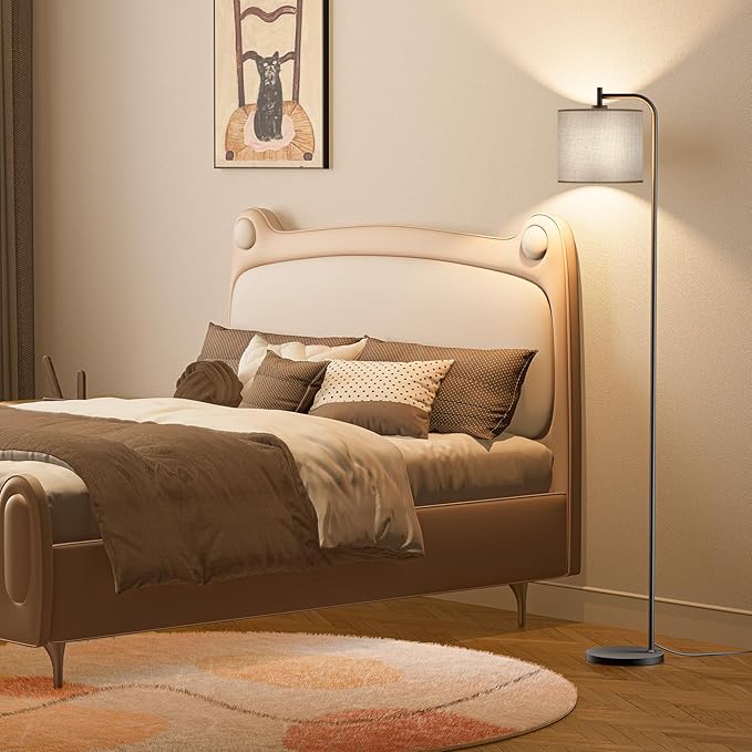 Floor Lamp with Linen Shade, Dimmable Tall Standing Lamp with Remote Control & 3 Color Temperatures, Modern Corner Floor Lamps for Living Room Bedroom Office, 9W LED Bulb Included